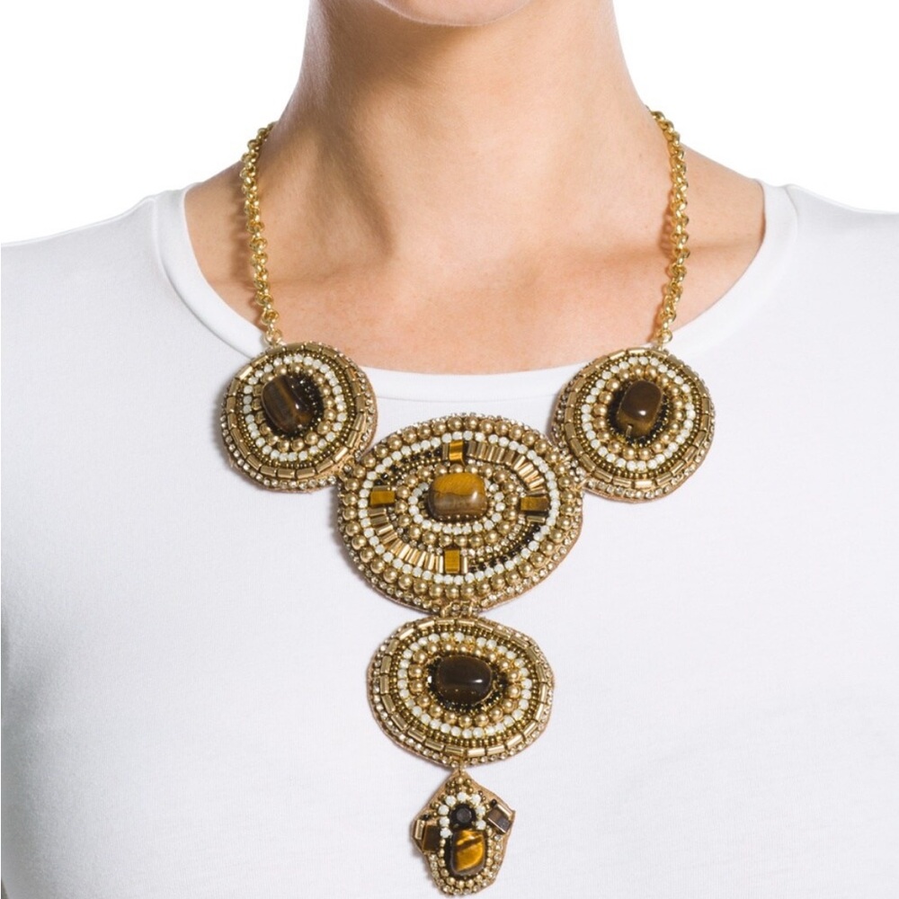 Chico's Tigers eye Medallion Beaded Bib Statement Necklace